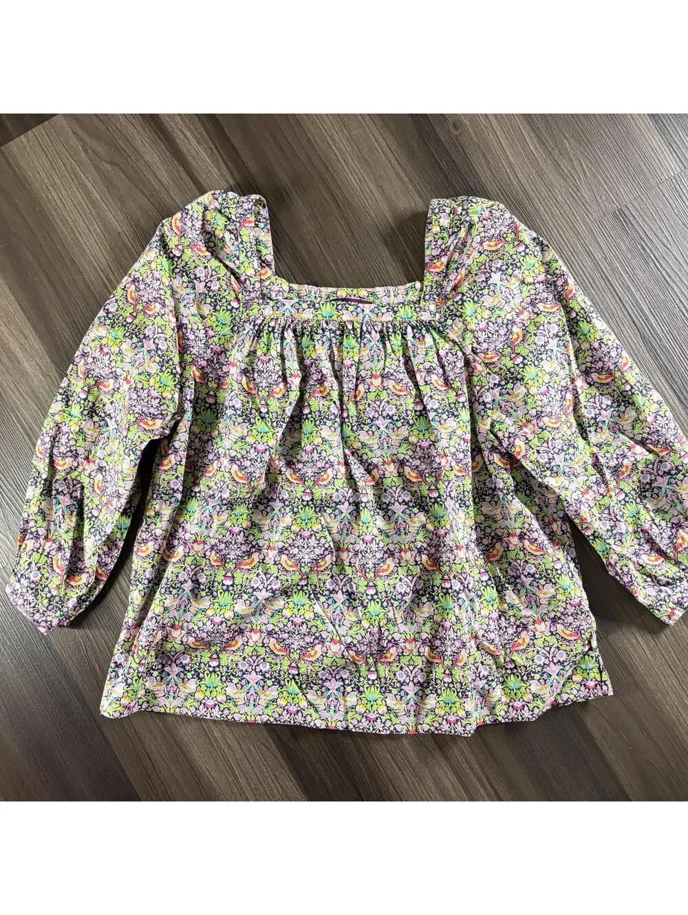 House of Liberty J Crew Sz 6 Floral Bird Print Top Squared Neck 3/4 Sleeves